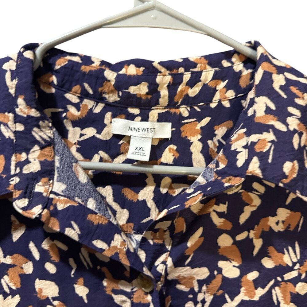 Nine West Navy Patterned Button-Down Long Sleeve … - image 5